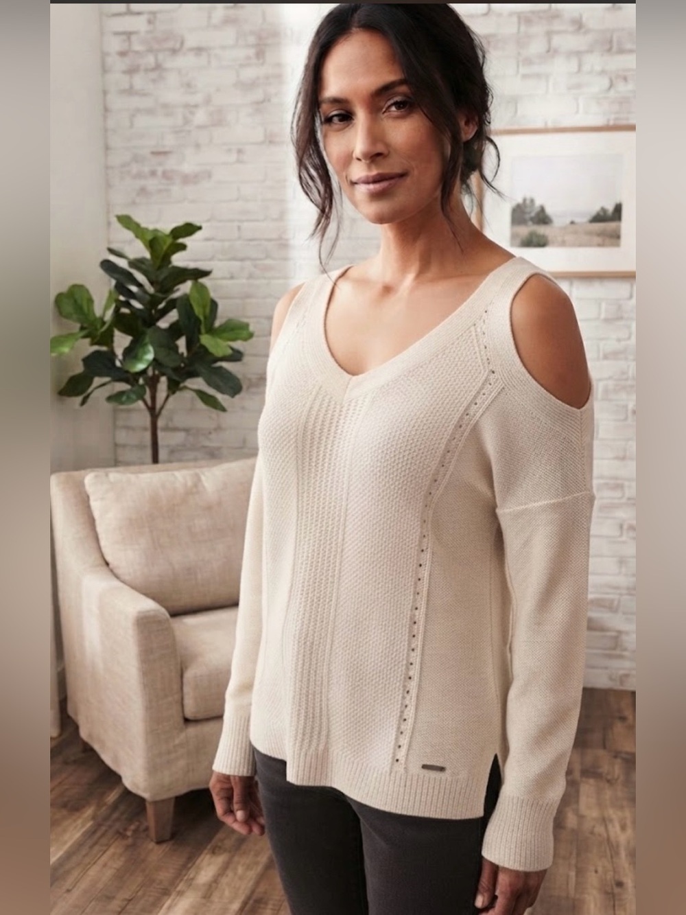 Hollister Cream Cold Shoulder Textured Knit Sweater XS